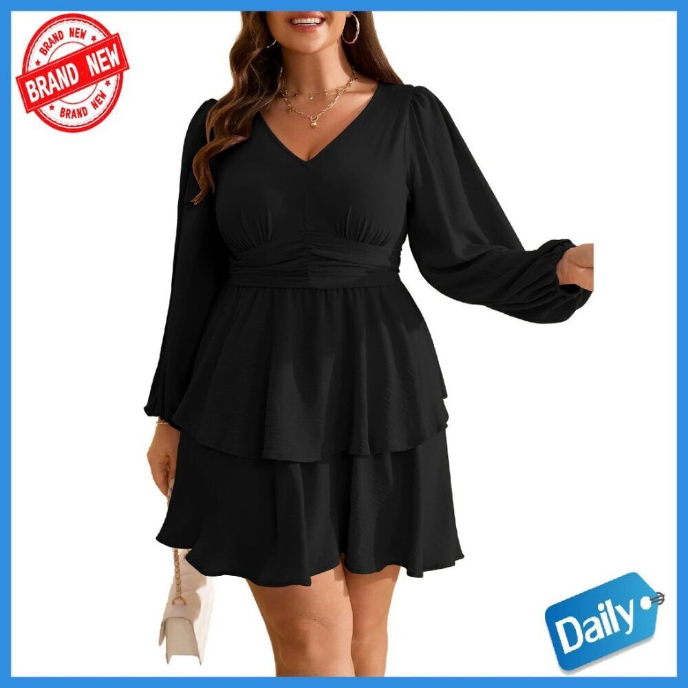 Plus Size V Neck Long Sleeve Mini Dress Elastic Waist Wedding Guest